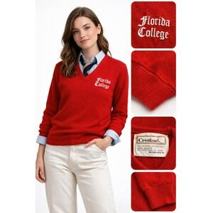 Vintage Florida College Sweater Red V Neck Crestland Classic Preppy USA Medium